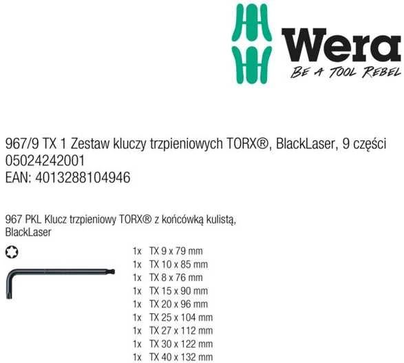 L-raktų kompletas 967 PKL/9 TORX®, Wera