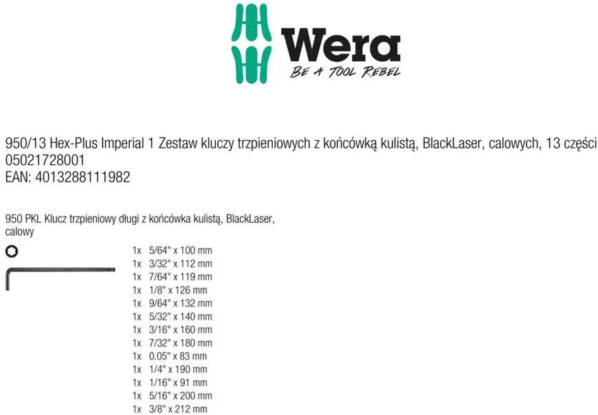 Šešiakampių raktų rinkinys 950 PKL/13 SZ N WERA