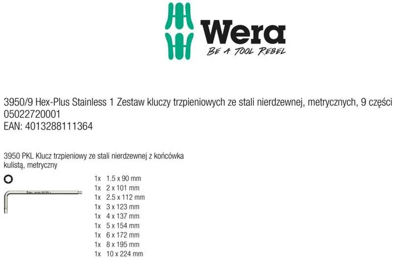 Šešiakampių raktų rinkinys WERA 3950 PKL/9 INOX