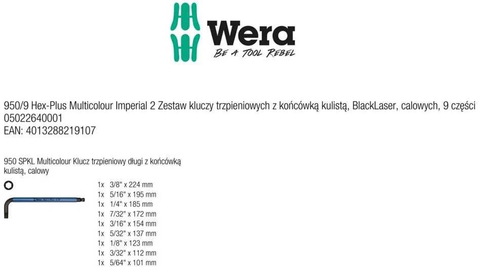 Wera rinkinyje 9 vnt. Hex-Plus Imperial 2 Hex-Plus Multicolor Imperial 2, Series 950/9 BlackLaser, colių