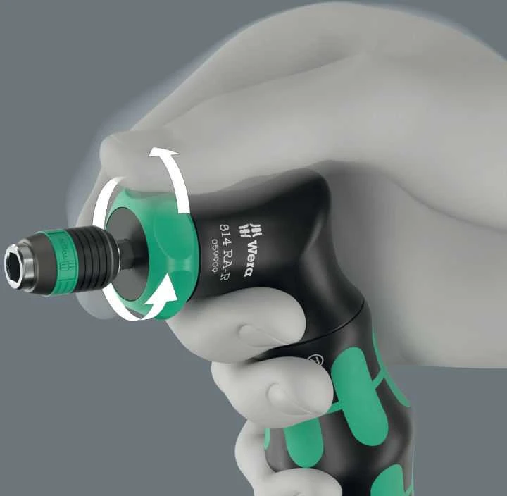„Wera Kraftform Kompakt Pistol RA-R 2“ terkšlinių atsuktuvų rinkinys – 13 dalių, „Rapidaptor“ antgalių keitimas, integruota antgalių dėtuvė, 2 komponentų pistoleto rankena