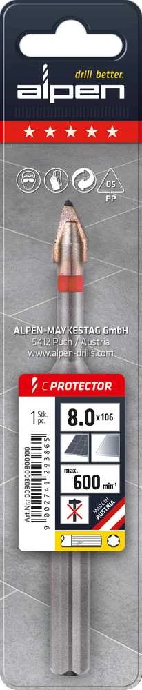 Grąžtas labai kietoms keraminėms plytelėms ir akmens masės dirbiniams, 12 mm, C PROTECTOR GEN 2, ALPEN [0030401200100]