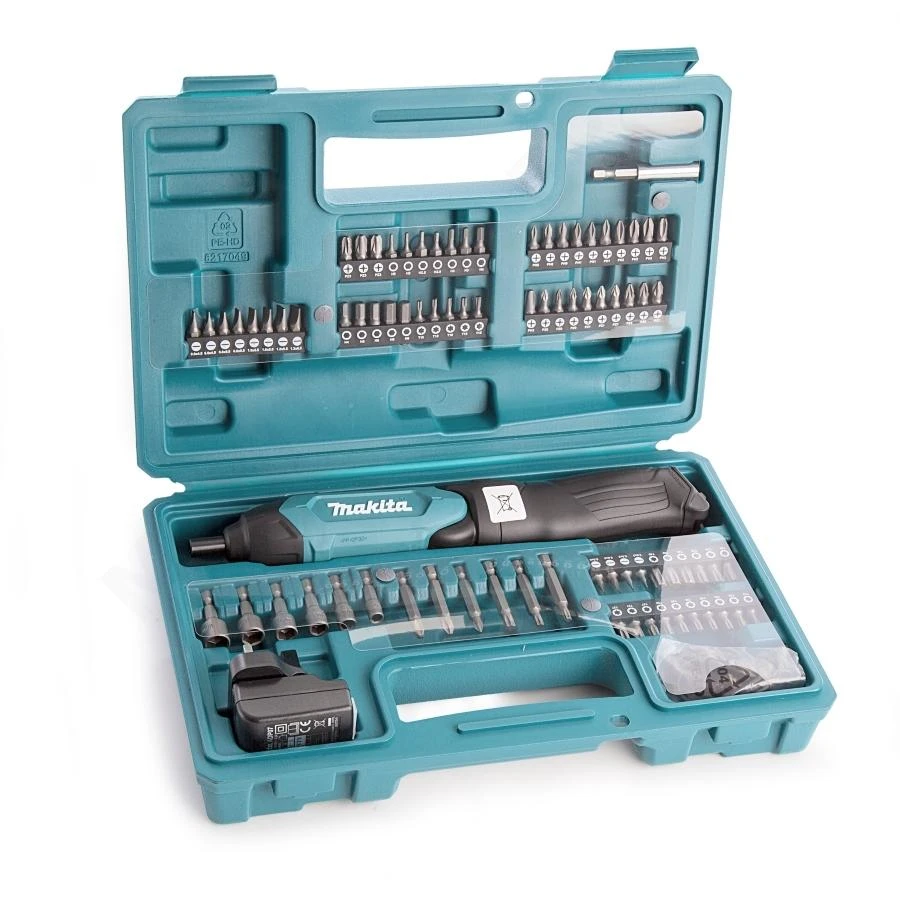 Makita DF001DW Akumuliatorinis suktuvas 1,5Ah įmontuotas Li-ion akumuliatorius; mikro USB įkrovimas; 4Nm; 1/4"; LED; 81 vnt. priedų rinkinys