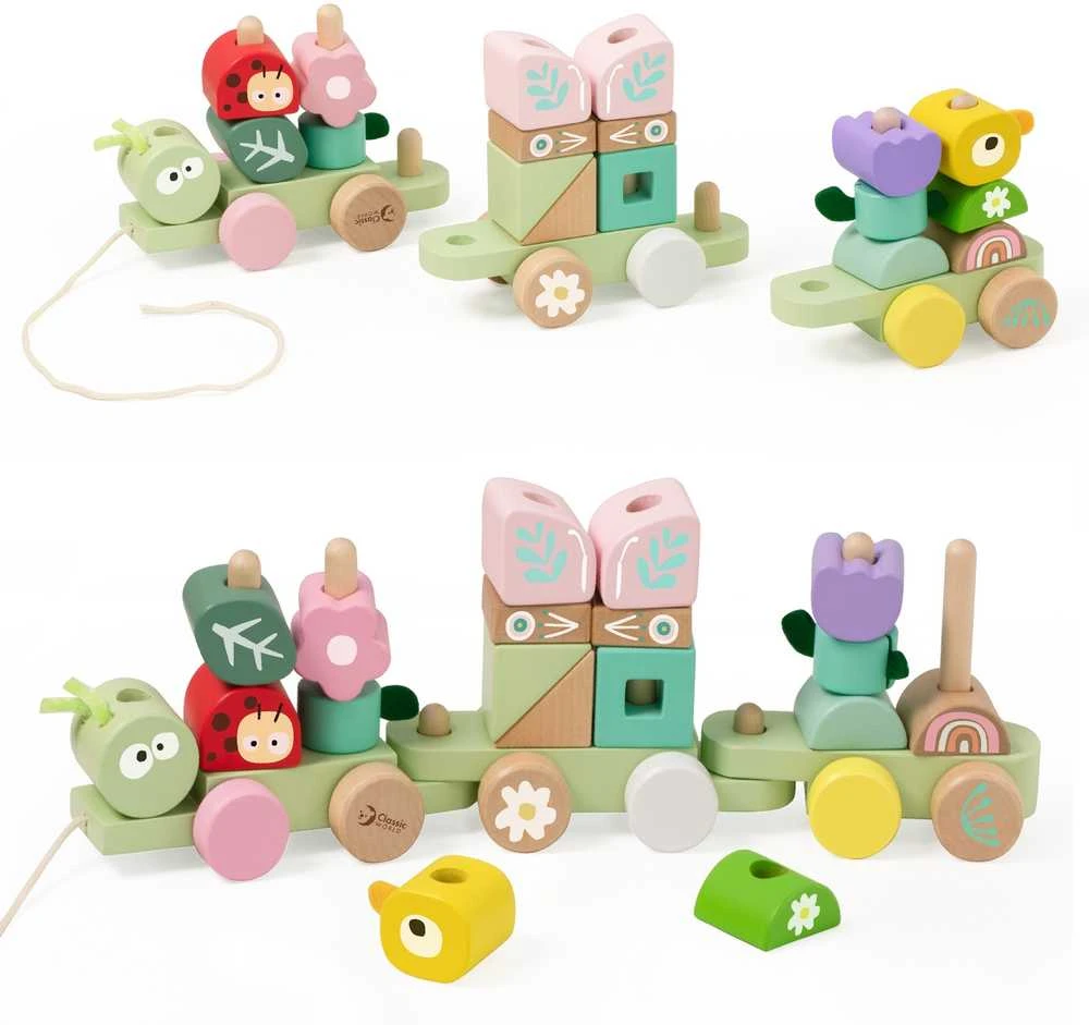 Classic World medinė Montessori Gąsienicos traukinys su 27 detalėmis