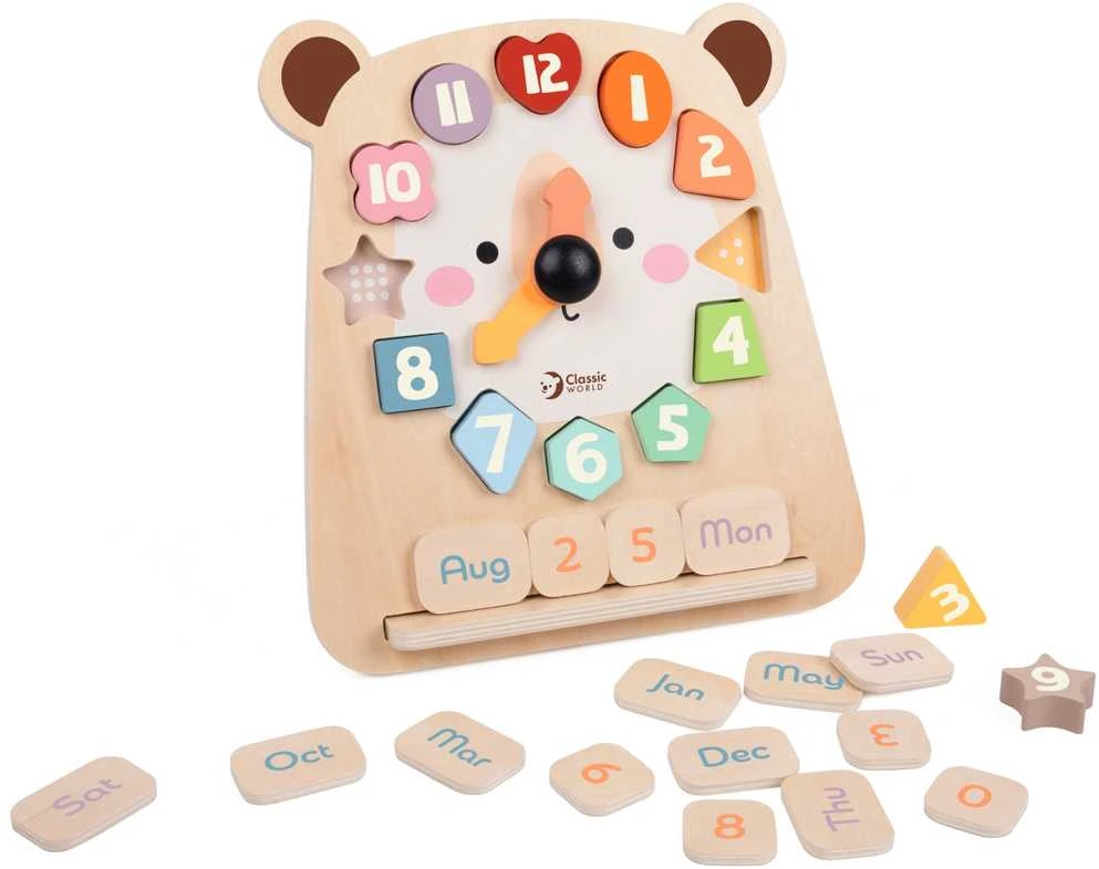 CLASSIC WORLD medinis meškiuko laikrodis Montessori 3in1