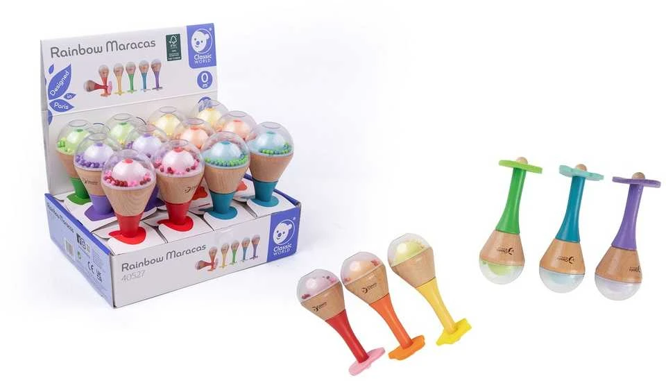 Multistore CLASSIC WORLD CW40527 Rattle 2in1 medinis vaivorykštės instrumentas Maracas 1 vnt.