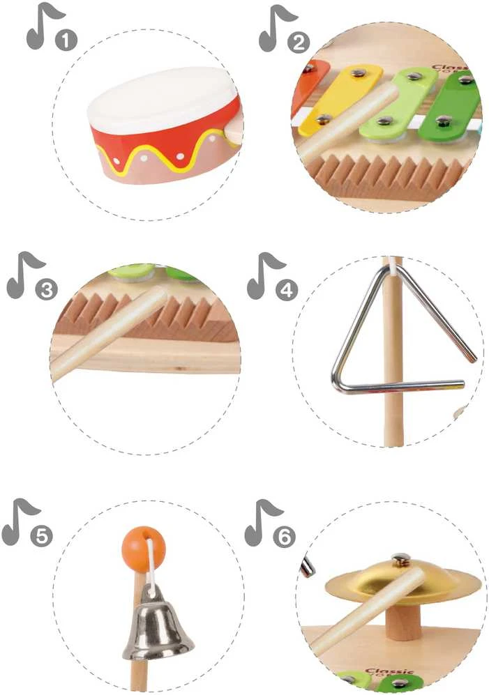 Classic World Klasikinis pasaulis komplektuoja muzikos instrumentus vaikams ksilofonas tarker cymbals būgnų plokštelių plokštelių trikampio trikampio varpas 9 el.