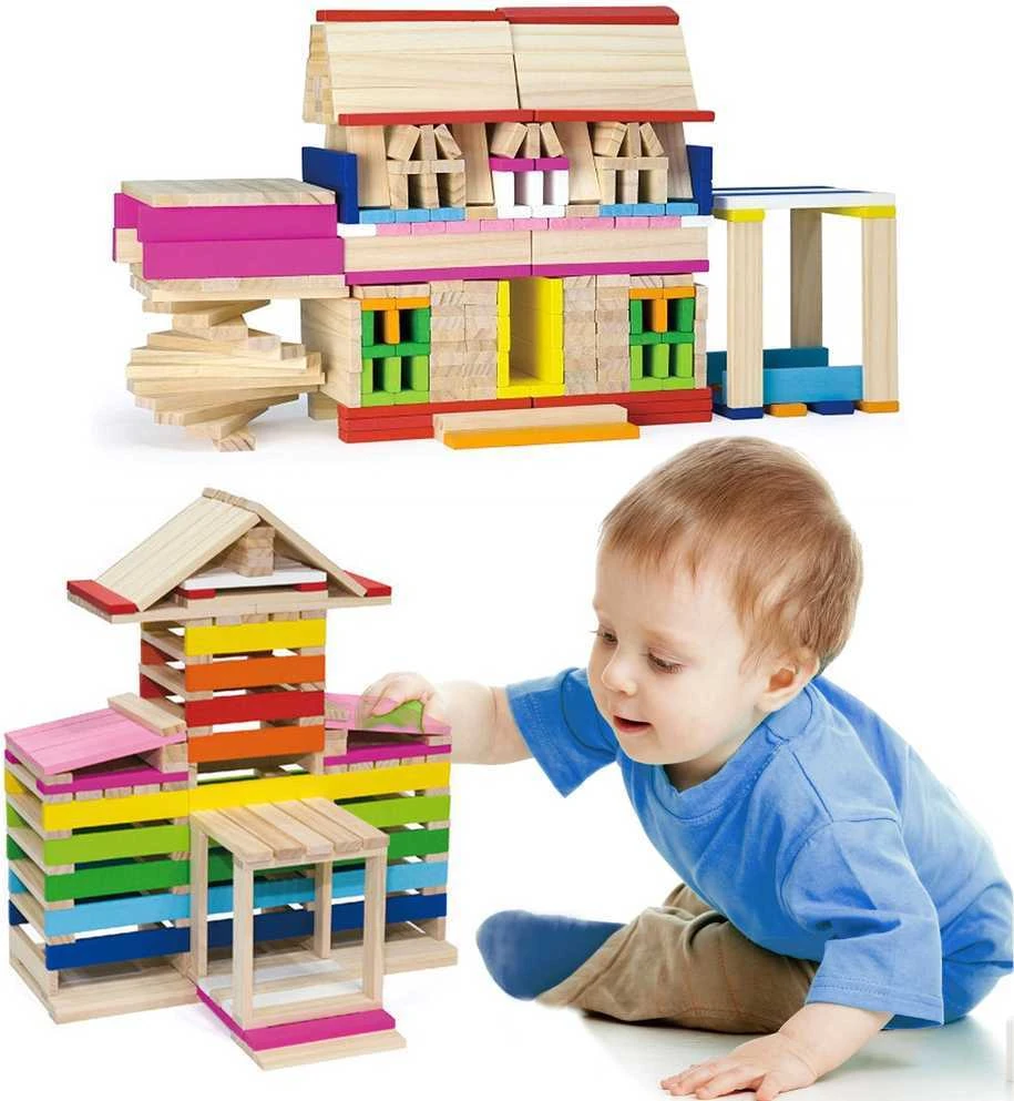 Viga Medinės Statybinės Kaladėlės Pastatai 250 vnt.
