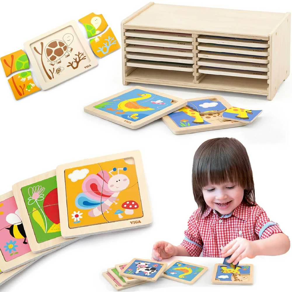 Dėlionė Viga Toys Mediniai galvosūkiai 12 lentų 4 galvosūkiai „Viga“ žaislų stende