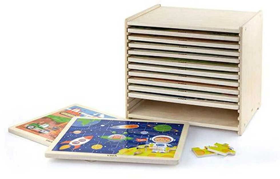 Dėlionė Viga Toys Mediniai galvosūkiai 12 galvosūkių po 24 galvosūkių ant „Viga“ žaislų lentynos