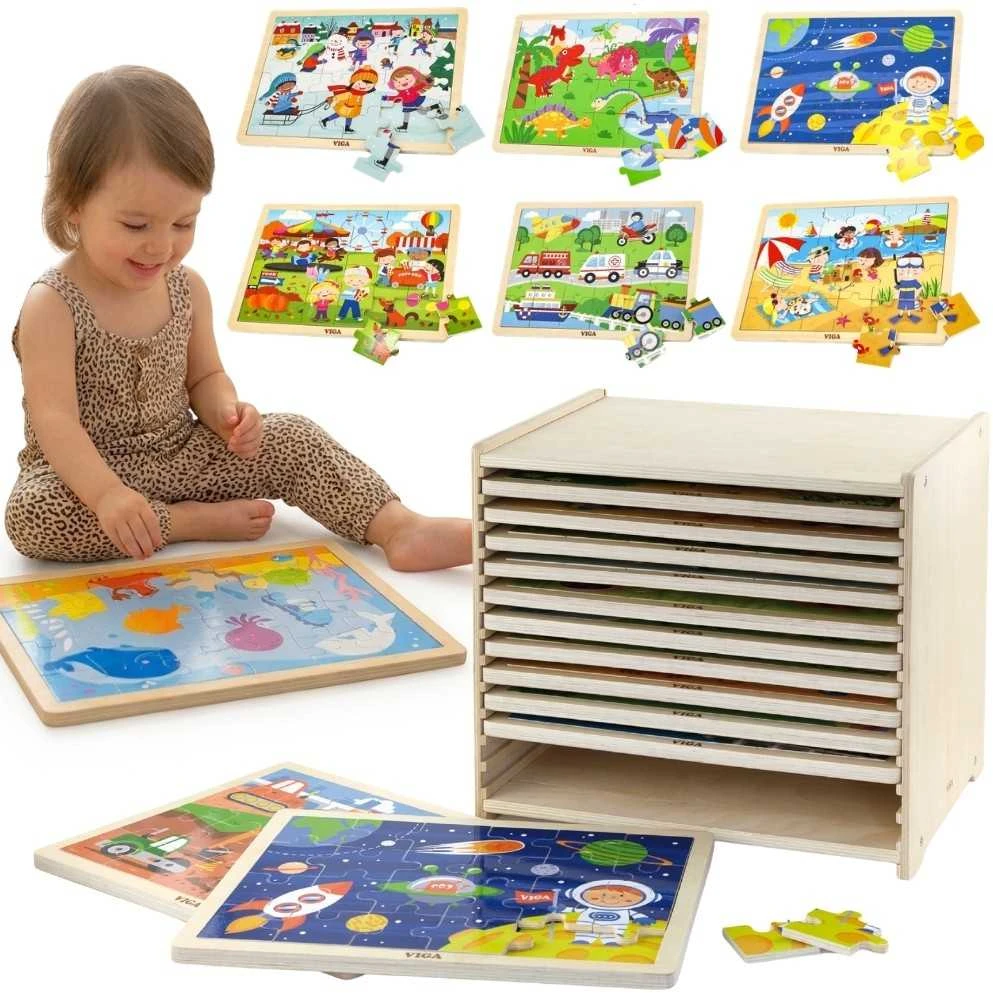 Dėlionė Viga Toys Mediniai galvosūkiai 12 galvosūkių po 24 galvosūkių ant „Viga“ žaislų lentynos