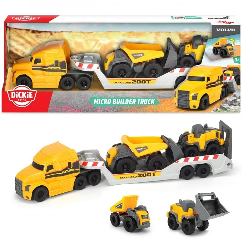 Žaislinis Volvo sunkvežimis - vilkikas 32 cm su ekskavatoriumi ir savivarčiu, Dickie