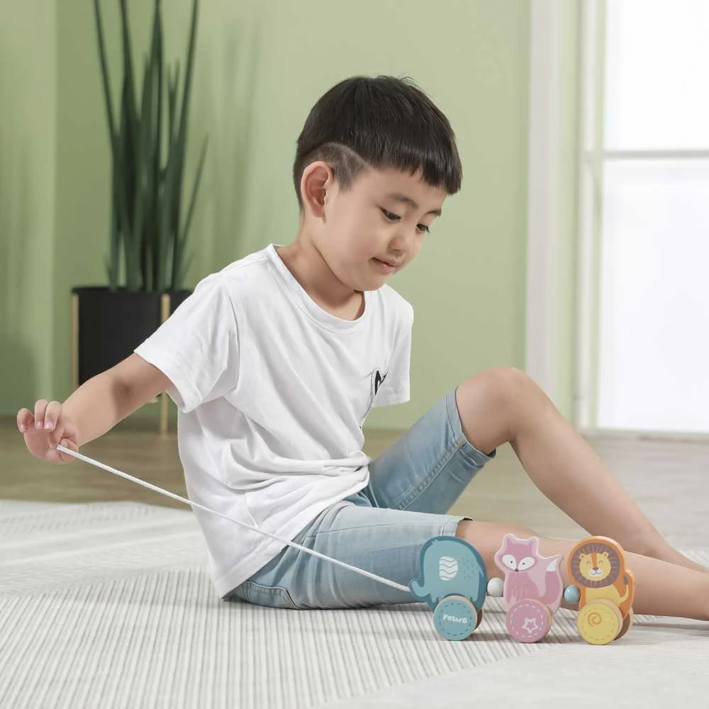 Medinis žaislinis gyvūnas traukia viga žaislus Montessori