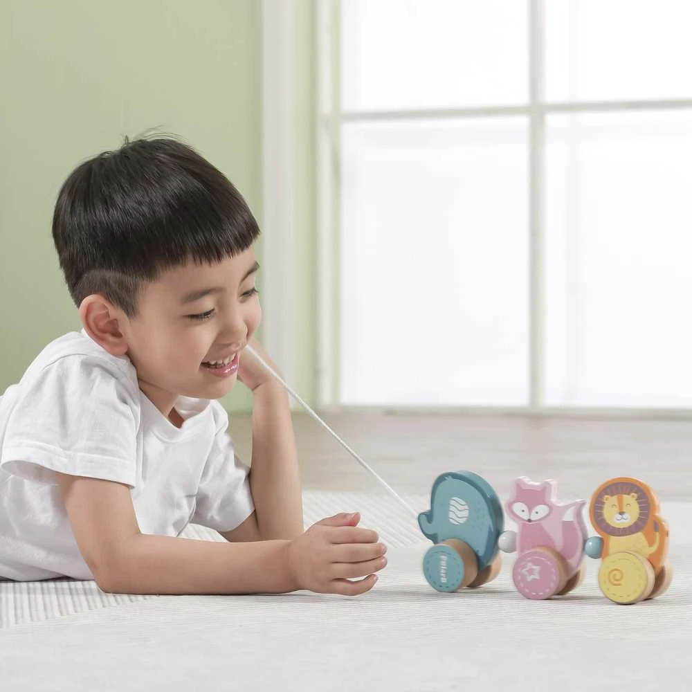 Medinis žaislinis gyvūnas traukia viga žaislus Montessori