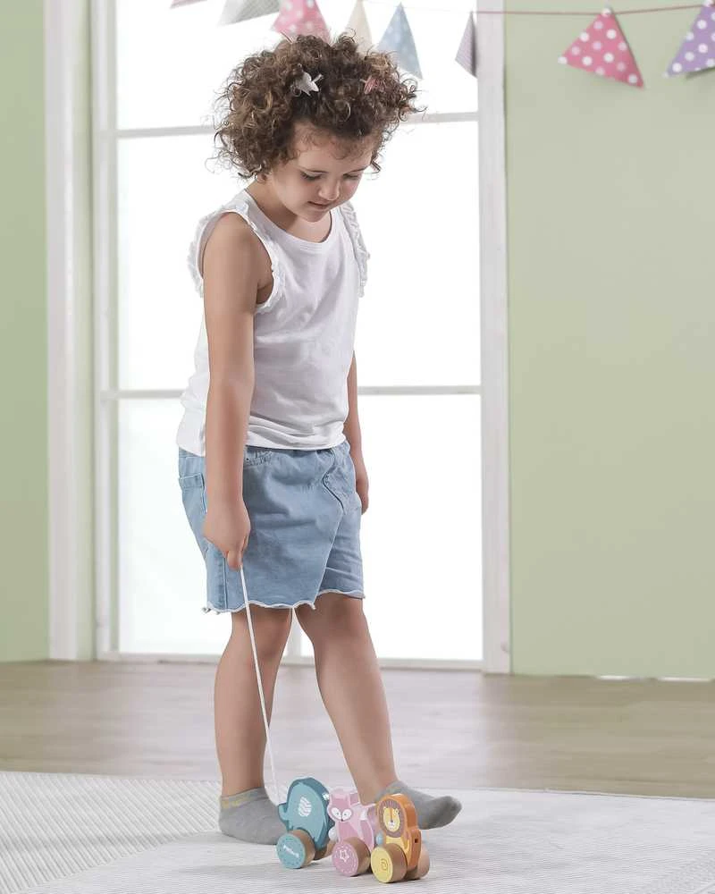 Medinis žaislinis gyvūnas traukia viga žaislus Montessori