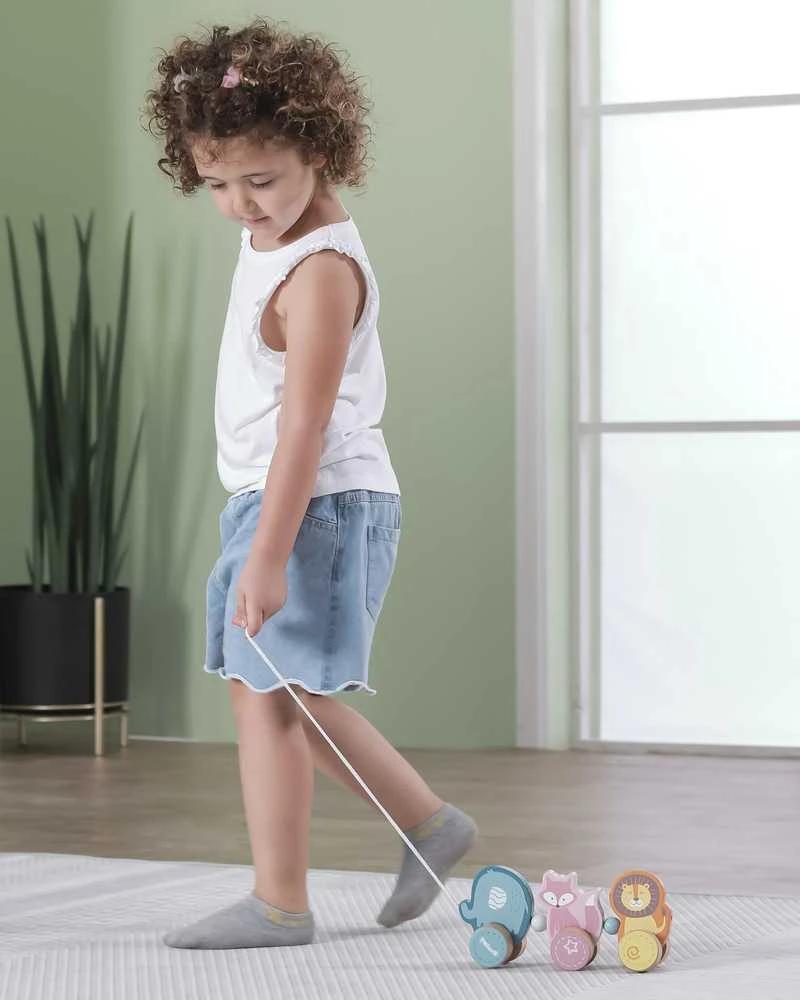 Medinis žaislinis gyvūnas traukia viga žaislus Montessori