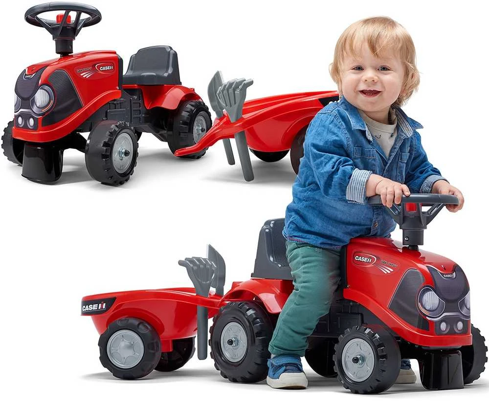 FALK Baby Case IH Ride-On Raudona with Trailer + Accessories for ages 12 months and up