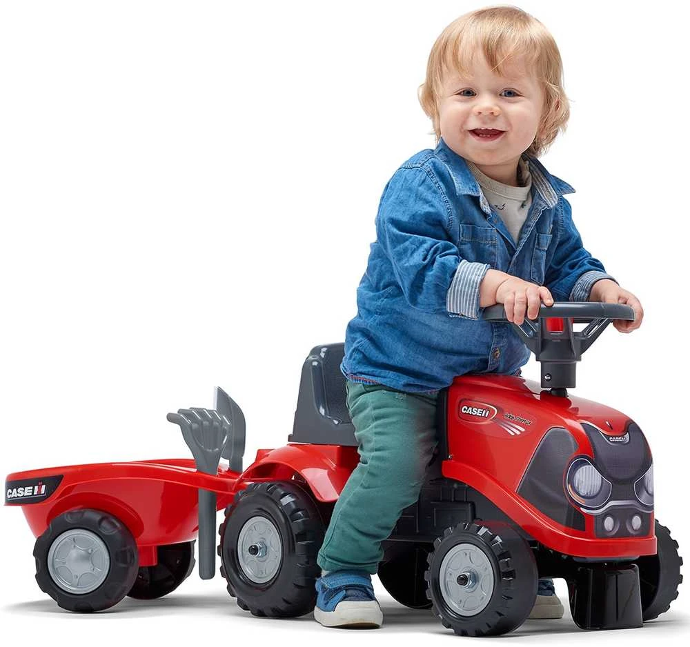 FALK Baby Case IH Ride-On Raudona with Trailer + Accessories for ages 12 months and up
