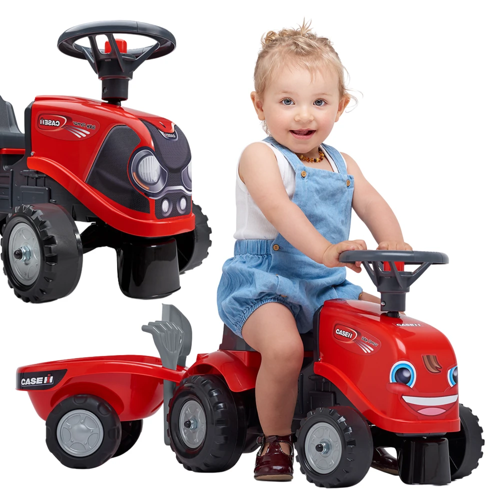FALK Baby Case IH Ride-On Raudona with Trailer + Accessories for ages 12 months and up