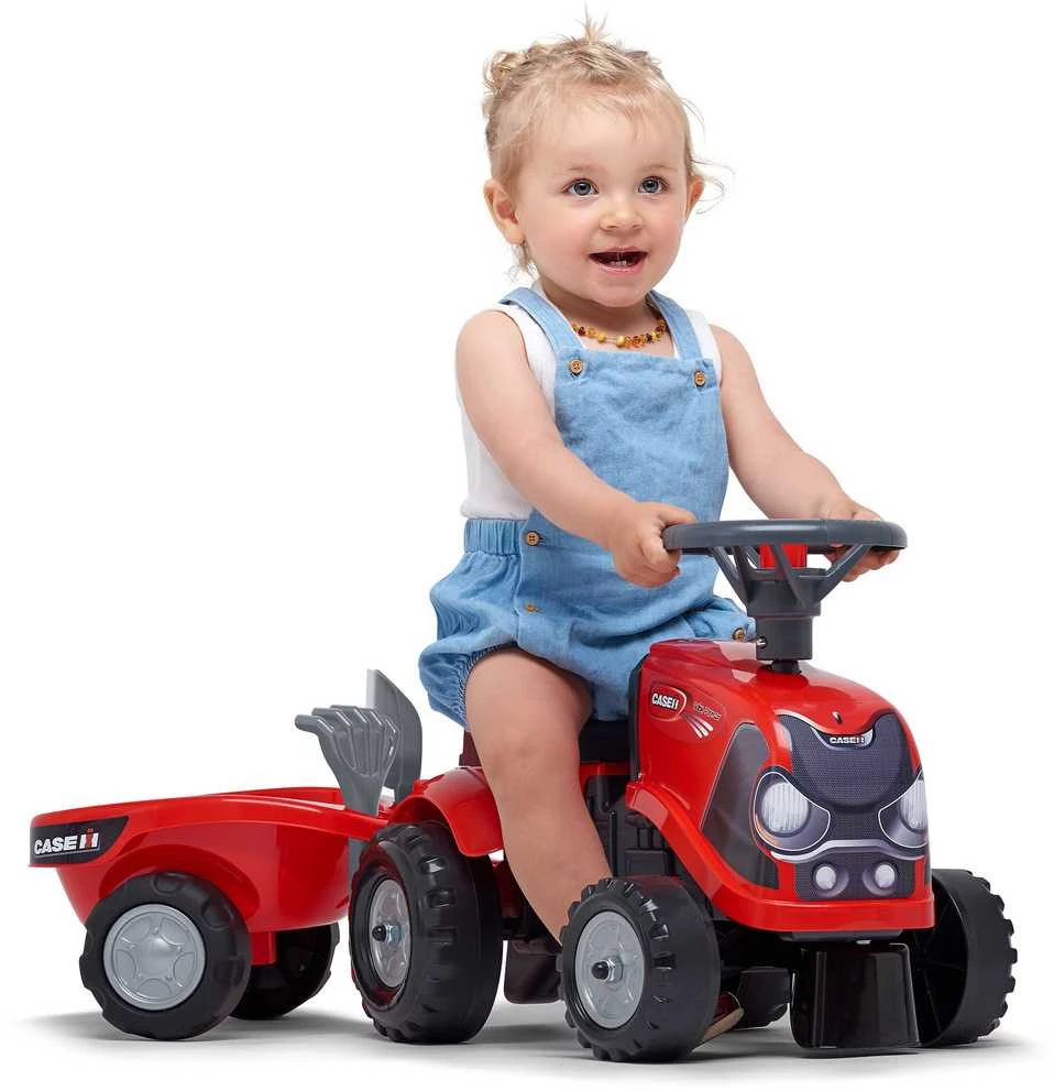 FALK Baby Case IH Ride-On Raudona with Trailer + Accessories for ages 12 months and up