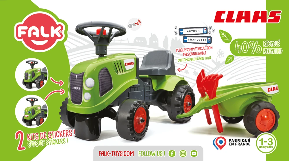 Vaikiškas traktorius Falk Baby Claas, su priekaba, žalias