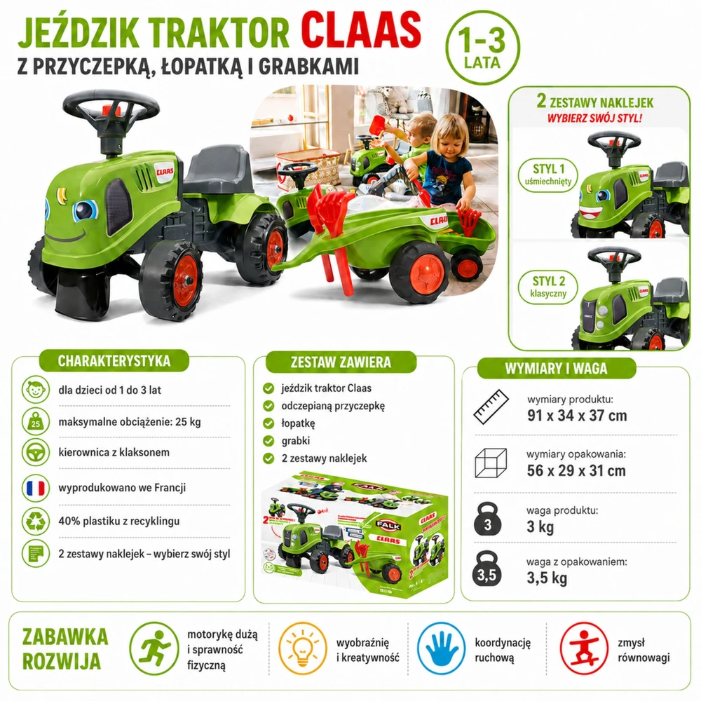 Vaikiškas traktorius Falk Baby Claas, su priekaba, žalias