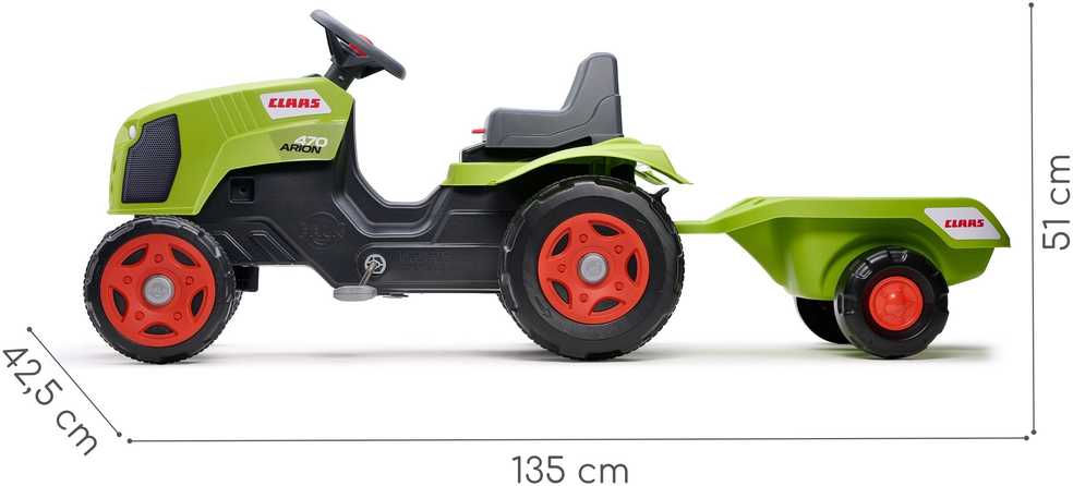 FALK Claas Arion 470 pedalų traktorius su priekaba ir atidaromu variklio dangčiu, 2-6 metų vaikams