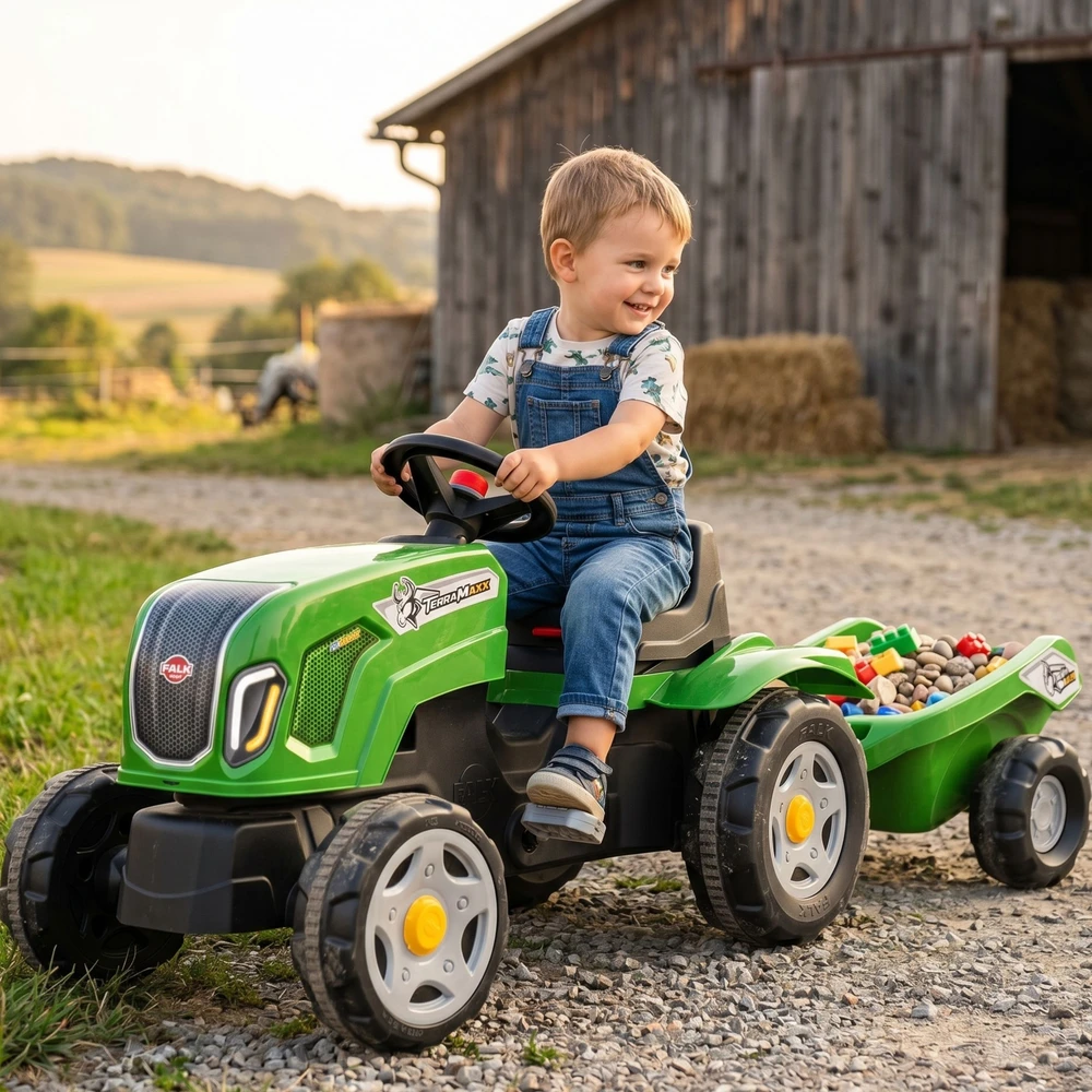 FALK Claas Terra Maxx pedalų traktorius su priekaba ir atidaromu variklio dangčiu, 2-6 metų vaikams