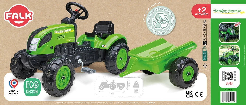 FALK Pedalinio traktoriaus modelis Su priekaba Žalias 2-5 metų vaikams