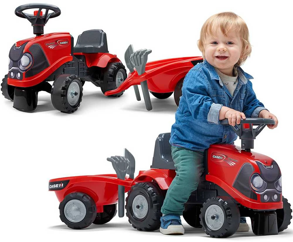 FALK Baby Case IH Ride-On Raudona with Trailer + Accessories for ages 12 months and up