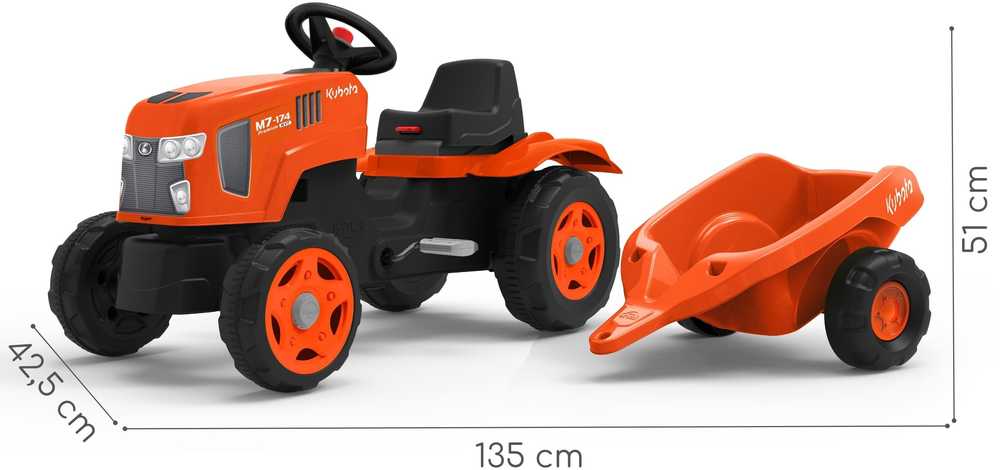 FALK Kubota pedalų traktorius su priekaba ir atidaromu stogu, 2-6 metų vaikams