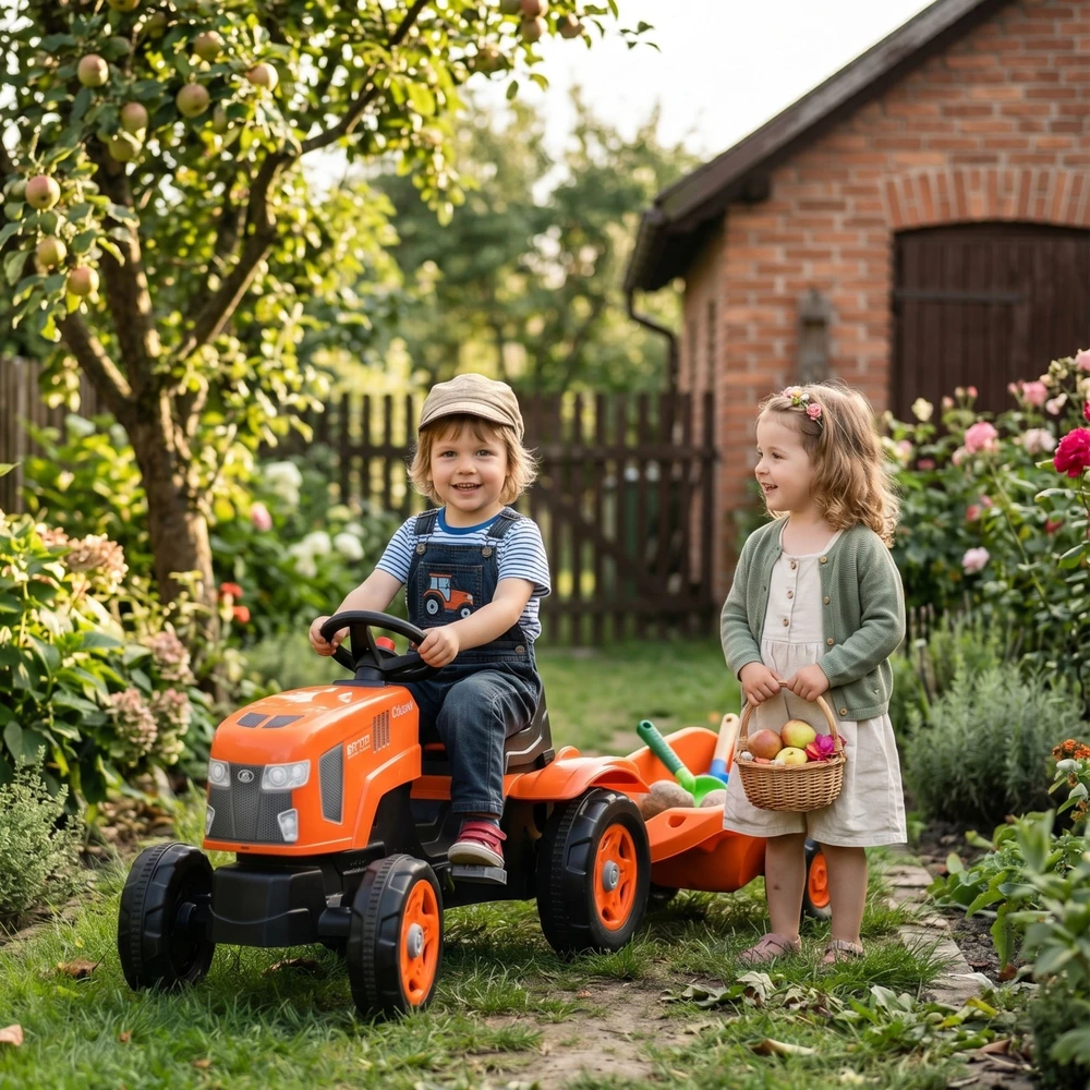 FALK Kubota pedalų traktorius su priekaba ir atidaromu stogu, 2-6 metų vaikams