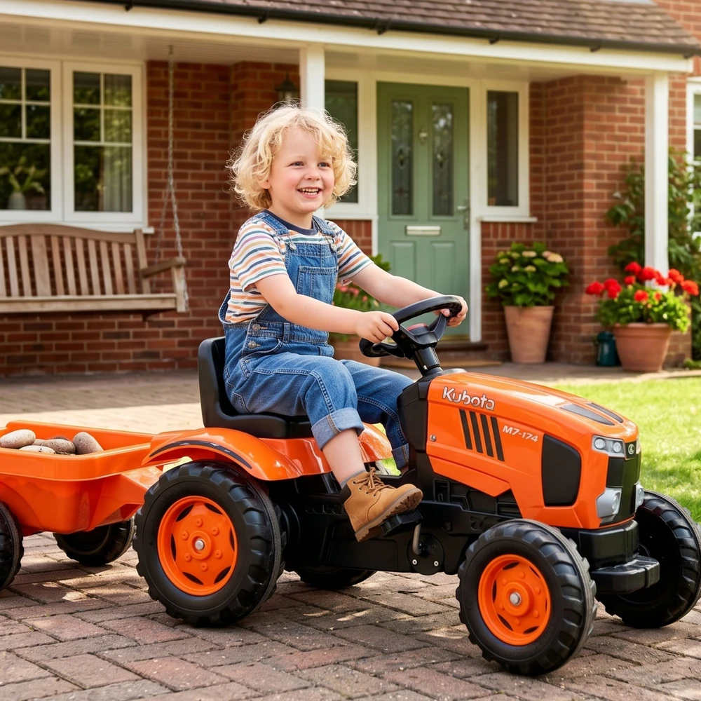 FALK Kubota pedalų traktorius su priekaba ir atidaromu stogu, 2-6 metų vaikams