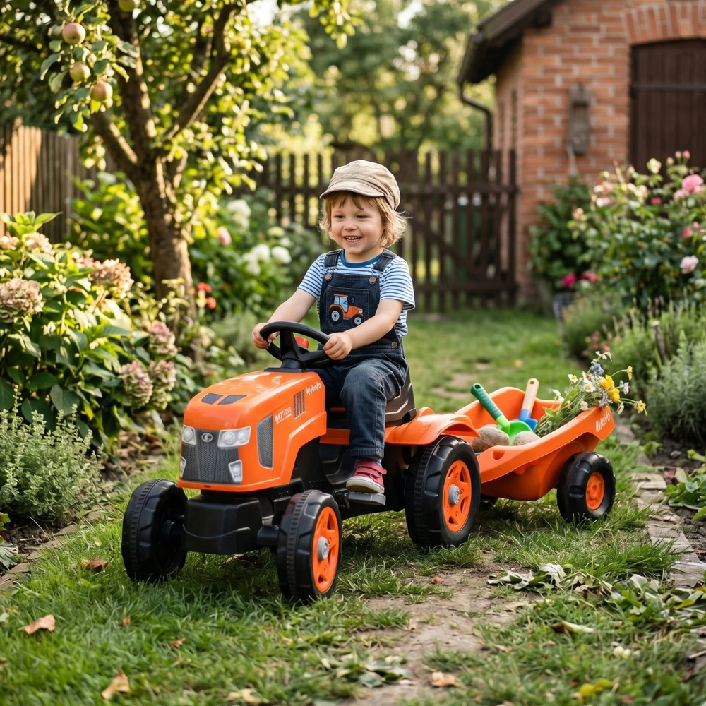FALK Kubota pedalų traktorius su priekaba ir atidaromu stogu, 2-6 metų vaikams
