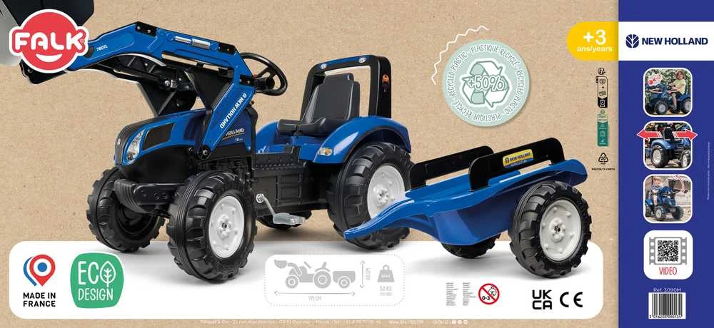 Vaikiškas pedalinis traktorius FALK New Holland su priekaba mėlynas