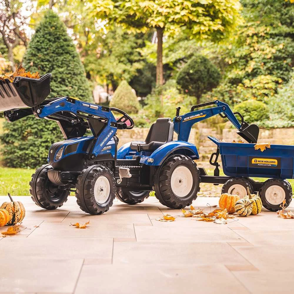Pedalinis traktorius FALK New Holland su priekaba mėlynas