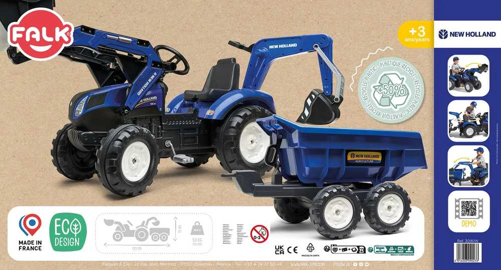 Pedalinis traktorius FALK New Holland su priekaba mėlynas