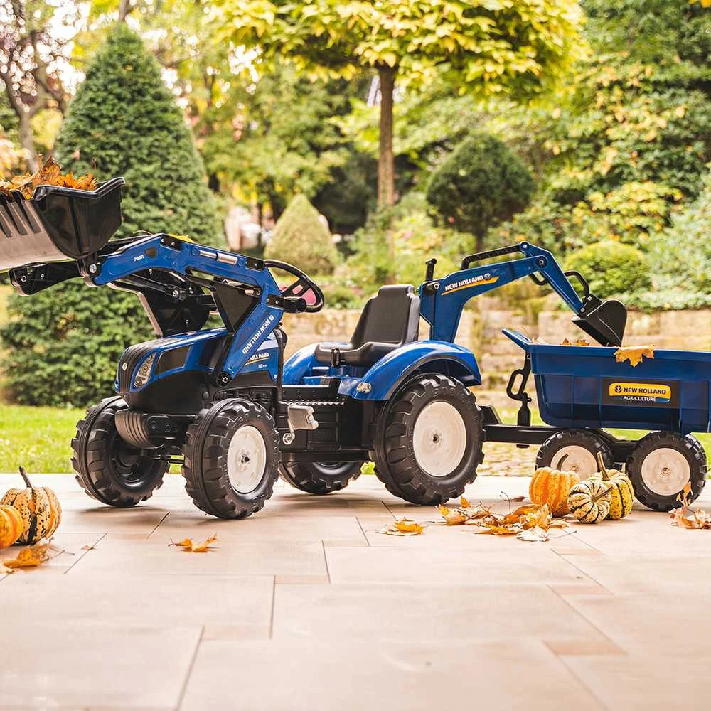 Pedalinis traktorius FALK New Holland su priekaba mėlynas