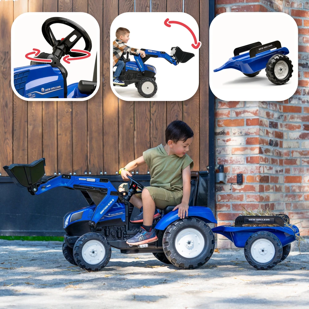 Vaikiškas pedalinis traktorius FALK New Holland su priekaba mėlynas