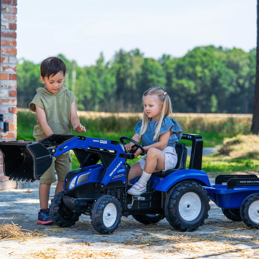 Vaikiškas pedalinis traktorius FALK New Holland su priekaba mėlynas