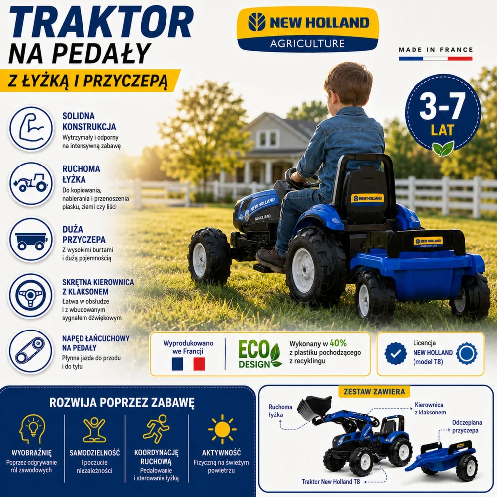 Vaikiškas pedalinis traktorius FALK New Holland su priekaba mėlynas