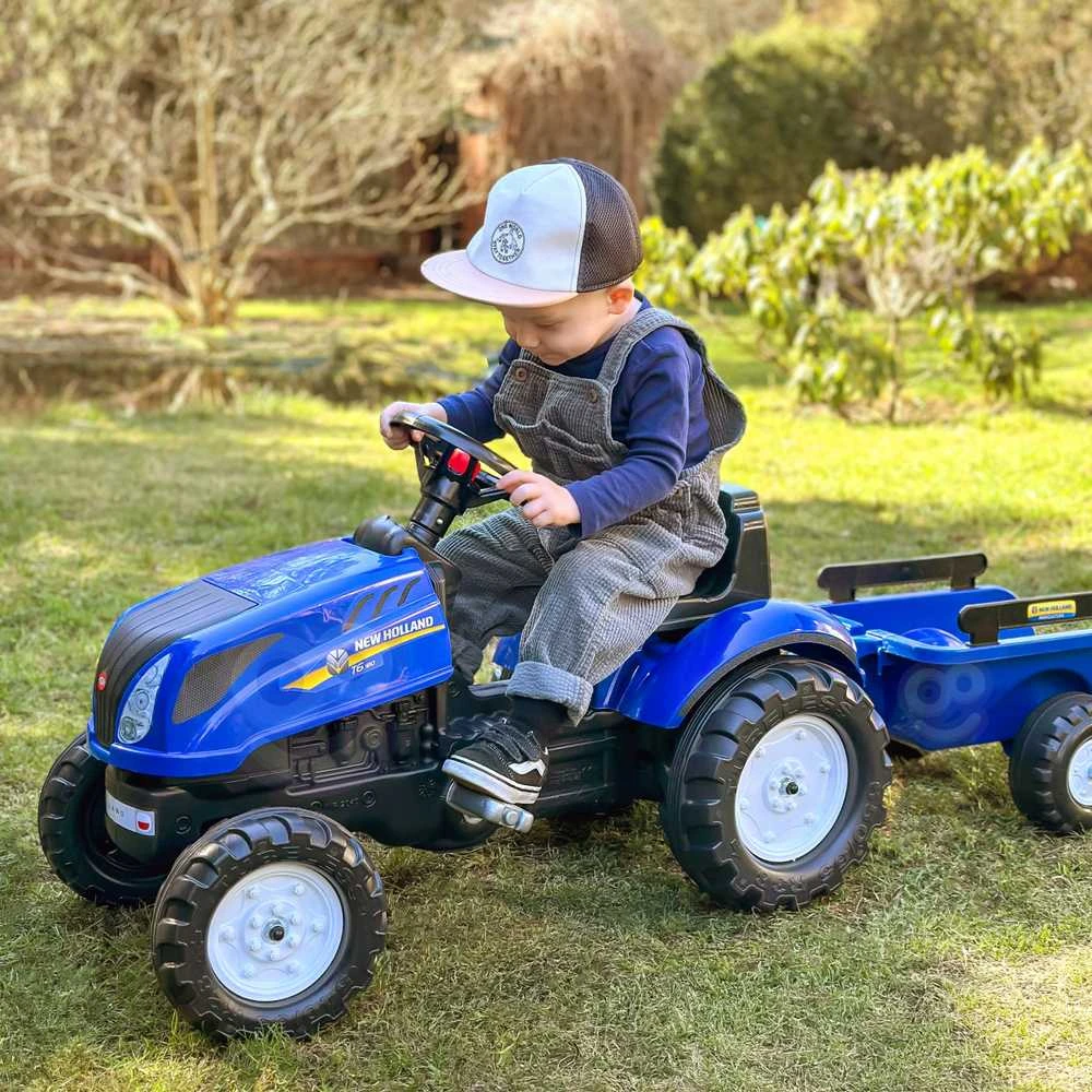 FALK „New Holland“ pedalinis traktorius su priekaba ir atidaromu variklio dangčiu, 2-5 metų vaikams