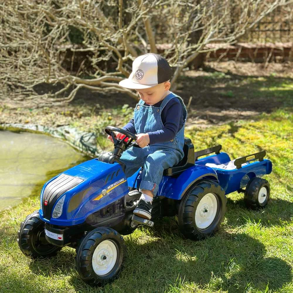 FALK „New Holland“ pedalinis traktorius su priekaba ir atidaromu variklio dangčiu, 2-5 metų vaikams