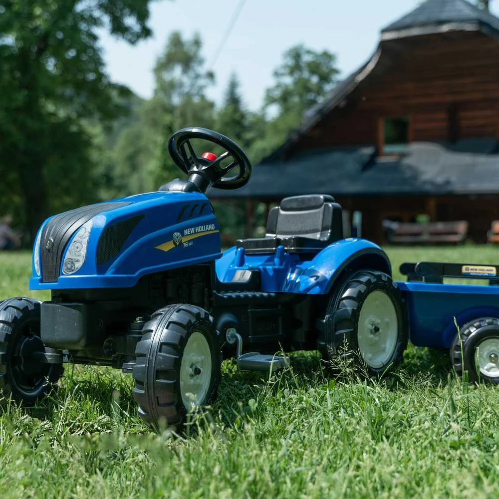 FALK „New Holland“ pedalinis traktorius su priekaba ir atidaromu variklio dangčiu, 2-5 metų vaikams