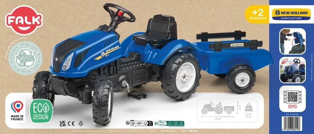 FALK „New Holland“ pedalinis traktorius su priekaba ir atidaromu variklio dangčiu, 2-5 metų vaikams