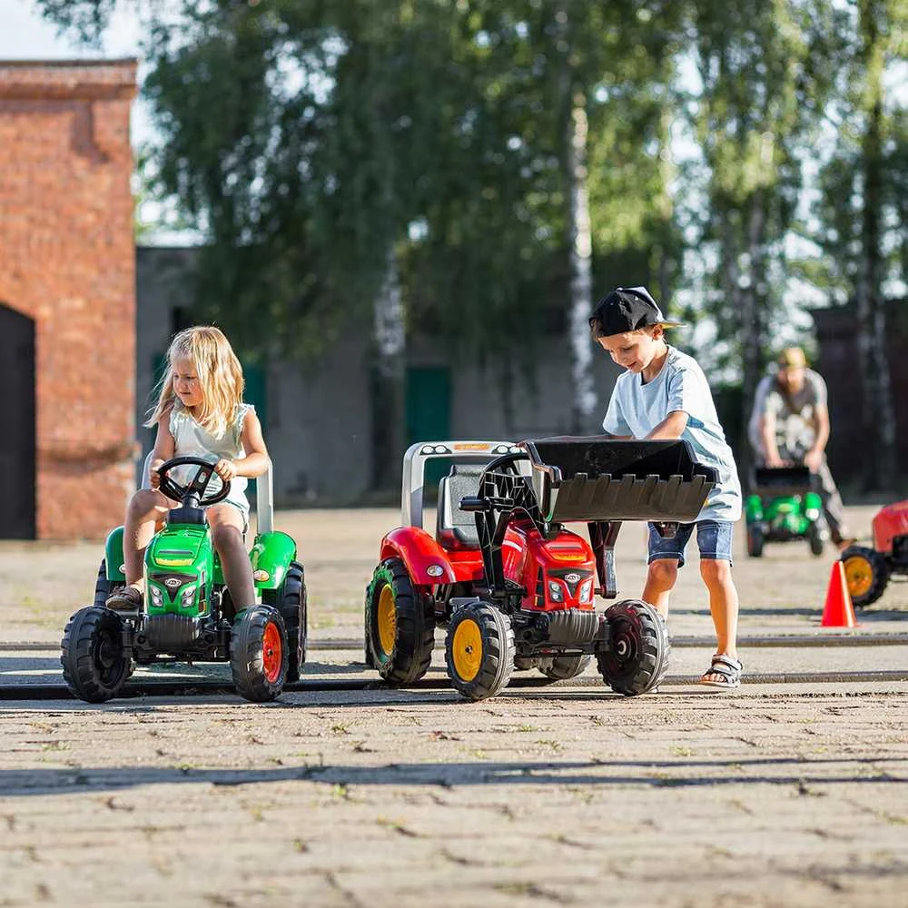 FALK raudonas „Supercharger“ pedalais minamas traktorius su priekaba, atidaromas, 3–7 metų vaikams