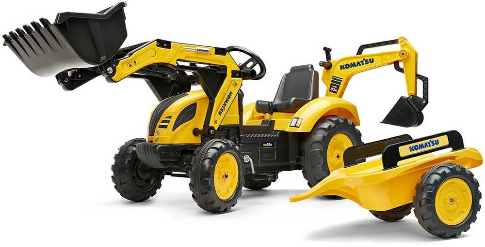 Pedalinis traktorius–ekskavatorius FALK KOMATSU su kaušu ir priekaba