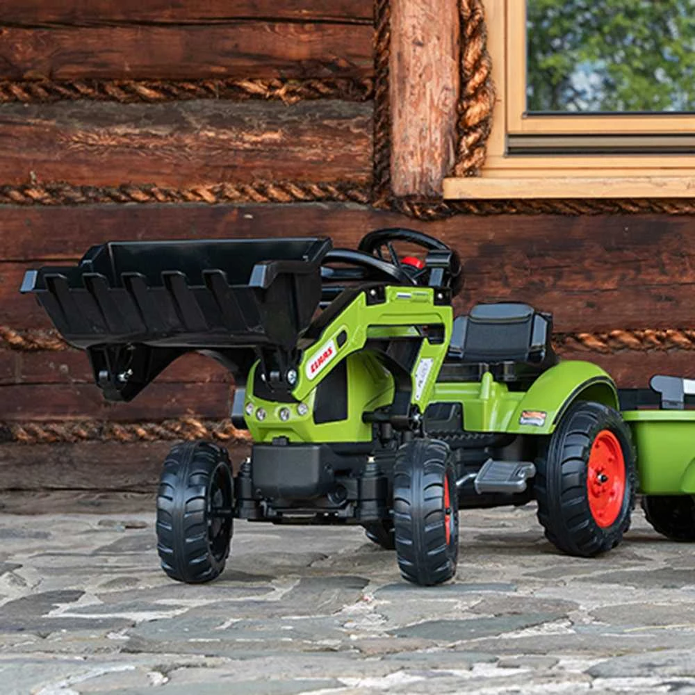 „Falk Claas“ pedalų traktorius su priekaba ir kibiru, žalias, vaikams nuo 2 iki 5 metų