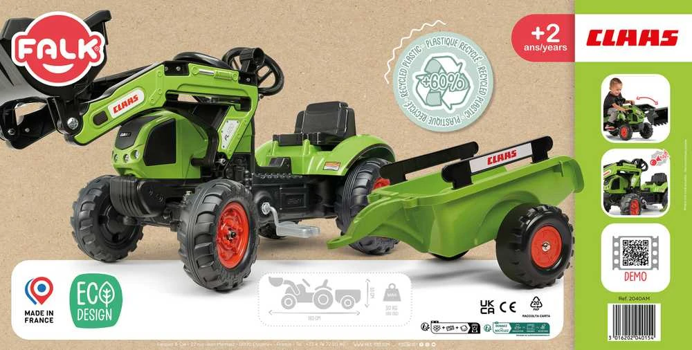 „Falk Claas“ pedalų traktorius su priekaba ir kibiru, žalias, vaikams nuo 2 iki 5 metų