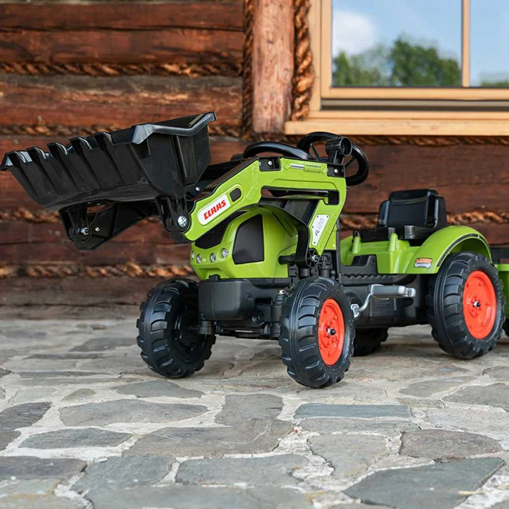 „Falk Claas“ pedalų traktorius su priekaba ir kibiru, žalias, vaikams nuo 2 iki 5 metų